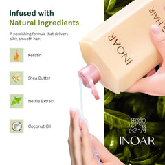 INOAR GHair keratin-rich formula highlights hair strength and elasticity.
