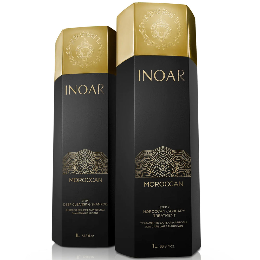INOAR Moroccan Keratin Shampoo bottle shown, purifies buildup while prepping hair for treatment.