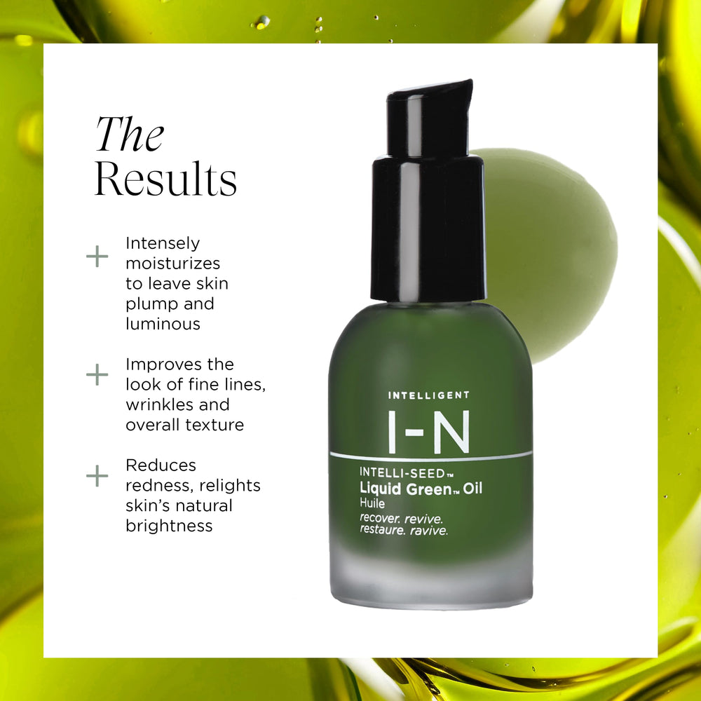 Intelligent Nutrients Liquid Green Face Oil on hand suggests quick absorption.