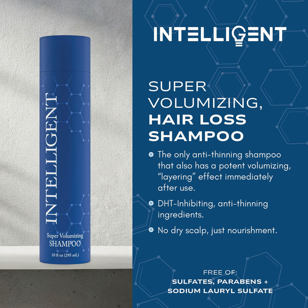 Intelligent Shop Super Volumizing Shampoo dense hair look after use suggests volume boost.