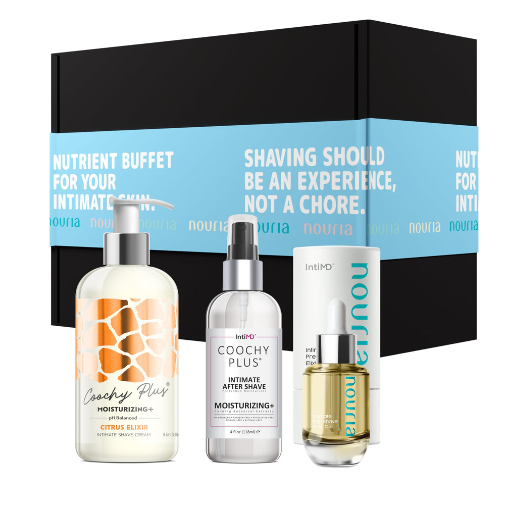 IntiMD Nouria Pre-Shave Elixir Oil bottle for deep hydration before shaving