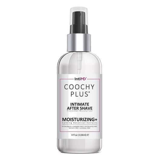 IntiMD COOCHY bottle foreground shows a smooth antioxidant formula for daily intimate care.