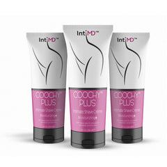IntiMD COOCHY PLUS bottle pour supports a smooth shave with moisturizing care.
