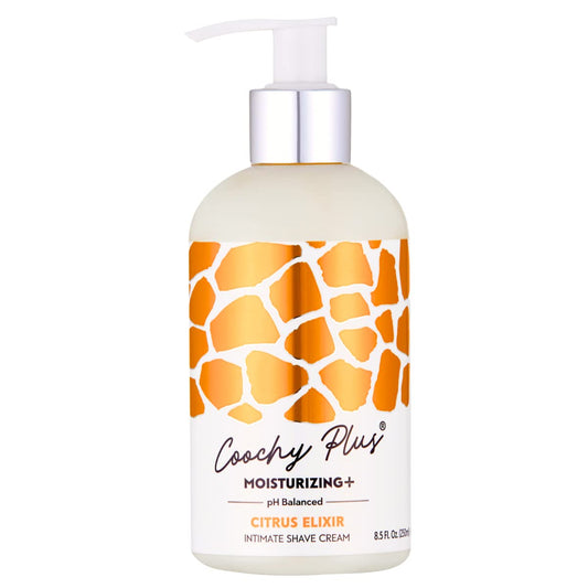 IntiMD Coochy Plus Citrus Elixir bottle offers long-lasting glide for comfortable intimate shaving.