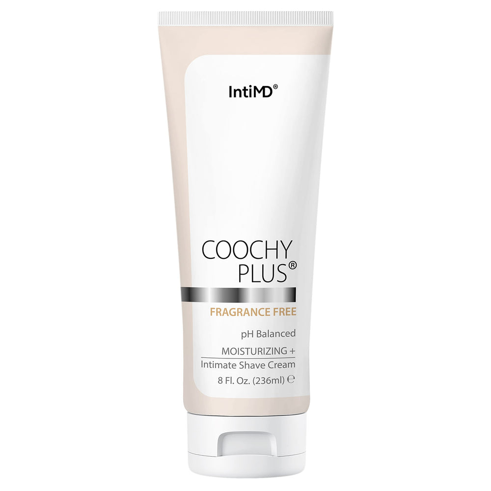 IntiMD Coochy Plus fragrance-free cream application for irritation-free shaving.