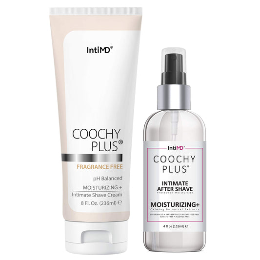 IntiMD Coochy Plus intimate shaving cream bottle pour for a smooth start