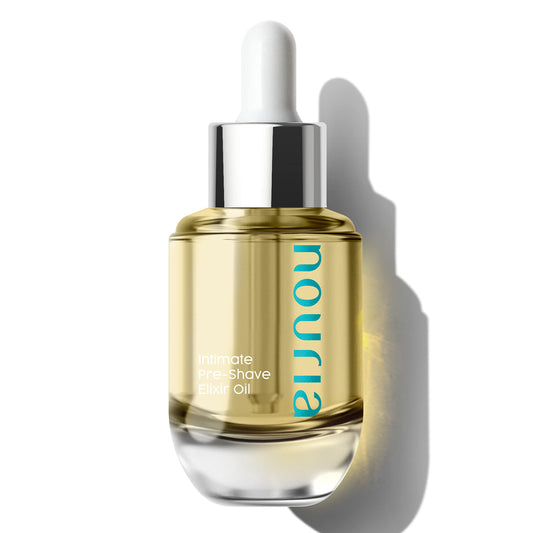 IntiMD Nouria elixir bottle highlighting its nurturing formula for smooth, irritation-free skin.