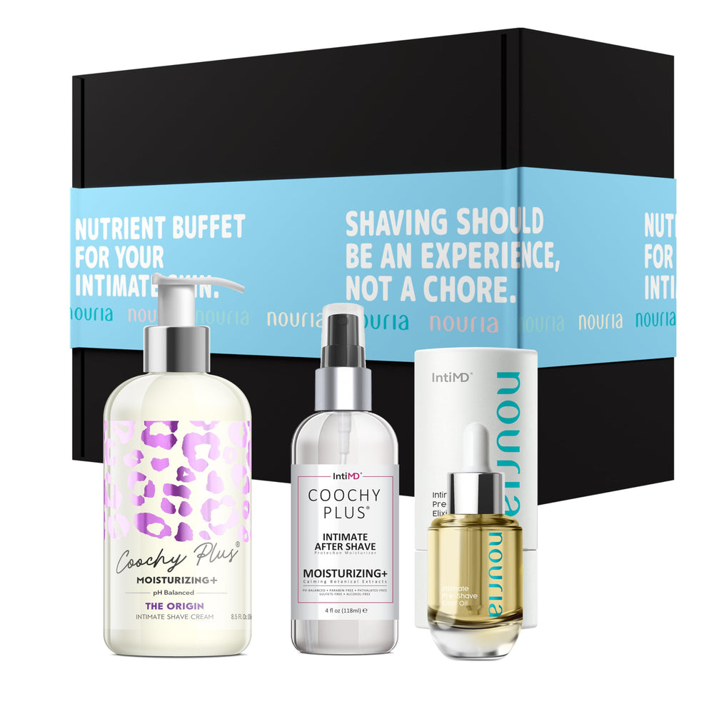 IntiMD Nouria Pre-Shave Elixir Oil bottle for deep hydration before shaving