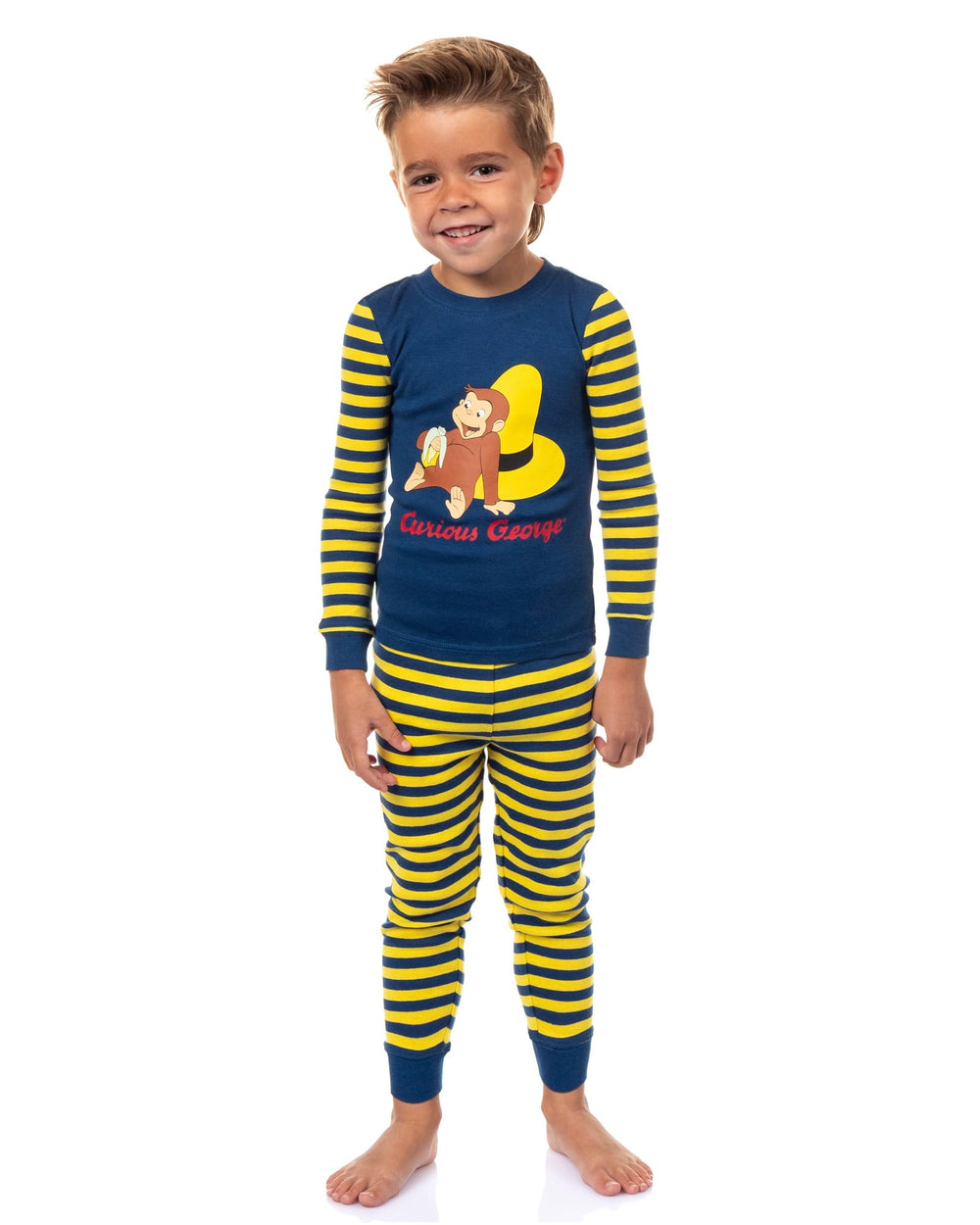 INTIMO Curious George toddler pajama front view with banana stripes for cozy nights