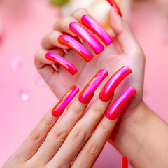 IntoVibes hot pink chrome press-on nails XL groove detail natural edge