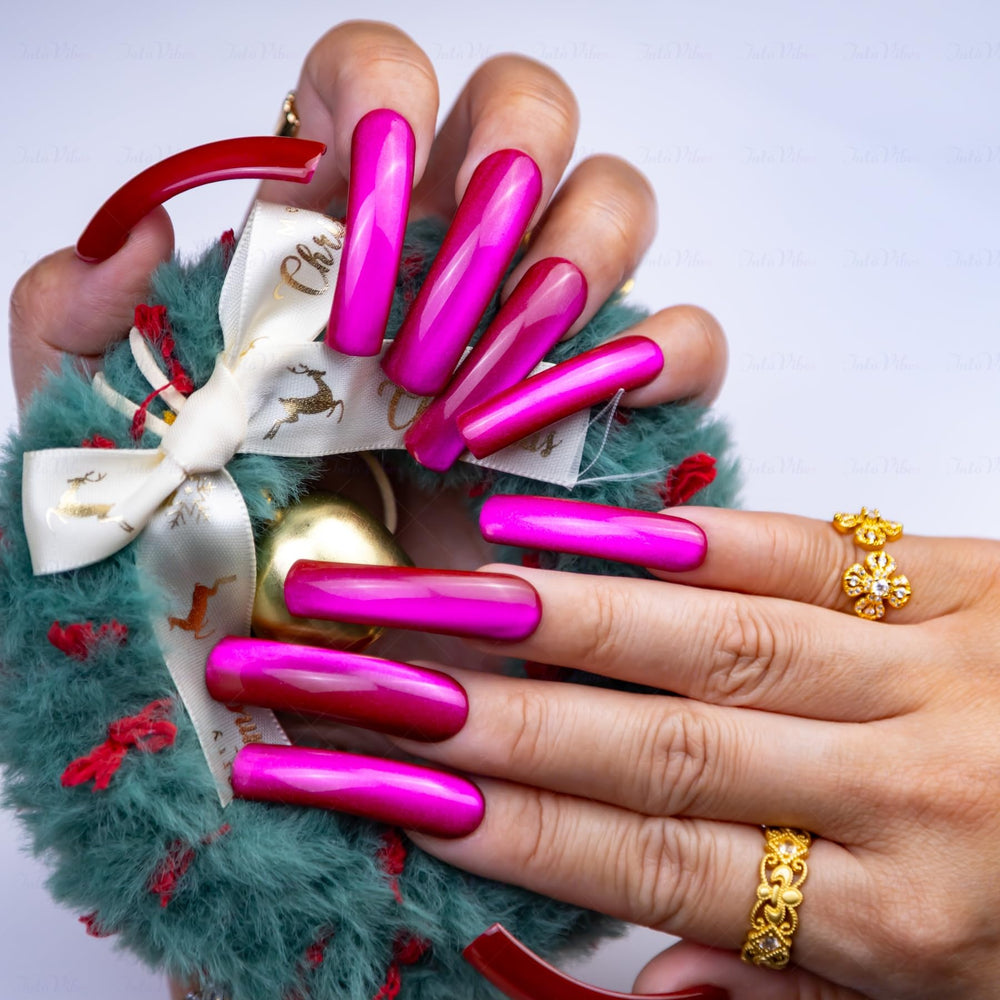 IntoVibes Purple Shimmer XL nails with curved-down groove for natural, salon-quality wear.