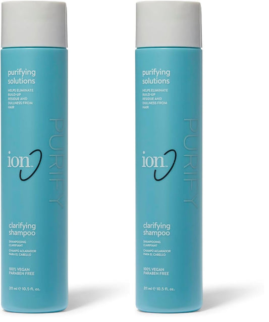 Ion Clarifying Shampoo bottle demonstrates cleansing power to remove buildup safely.