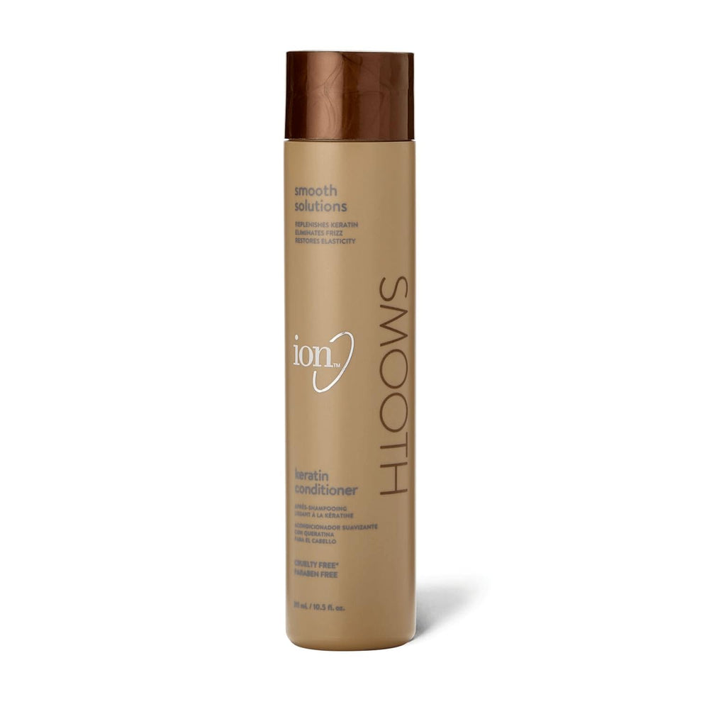 Ion Keratin Smoothing Conditioner bottle demonstrates frizz control on sleek hair