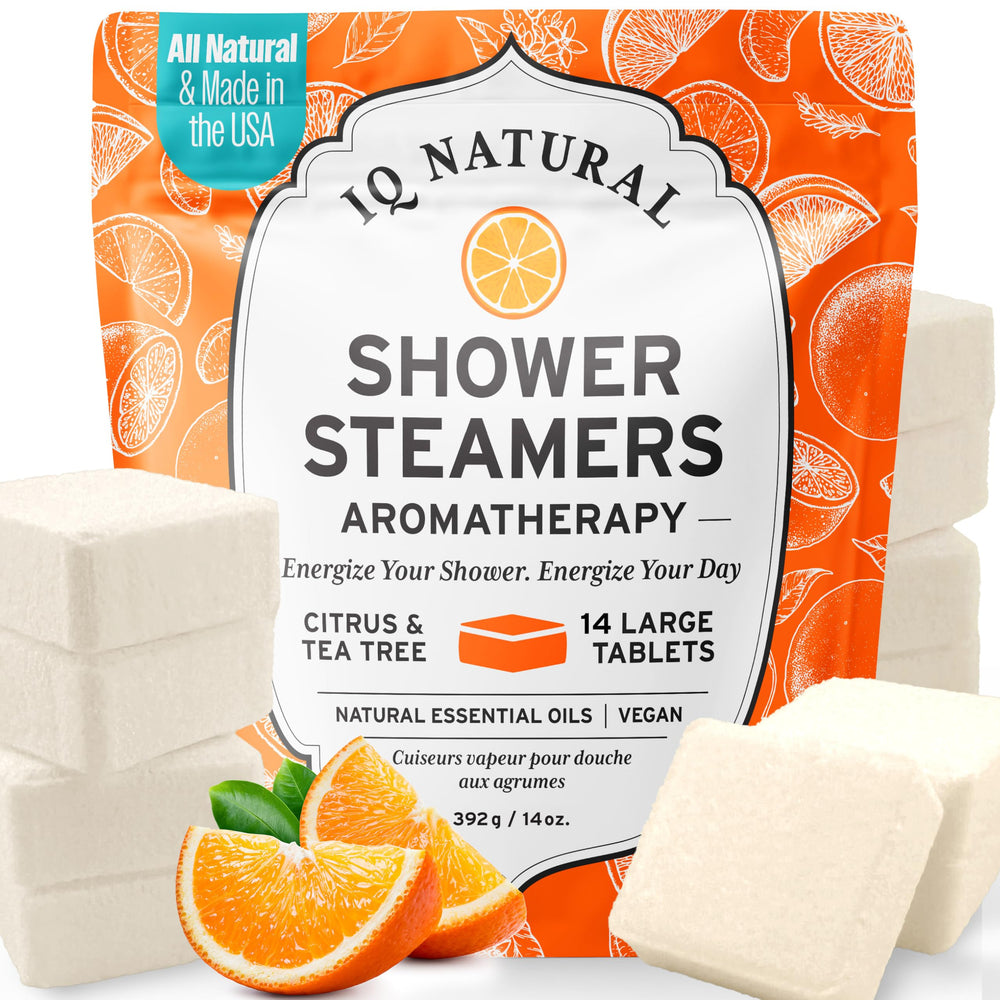 IQNATURAL Citrus Shower Steamer front view showing product design and bright aroma