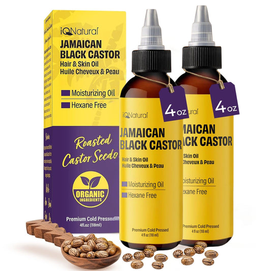 IQNatural Jamaican Black Castor Oil 2-pack bottles for versatile scalp and hair conditioning.