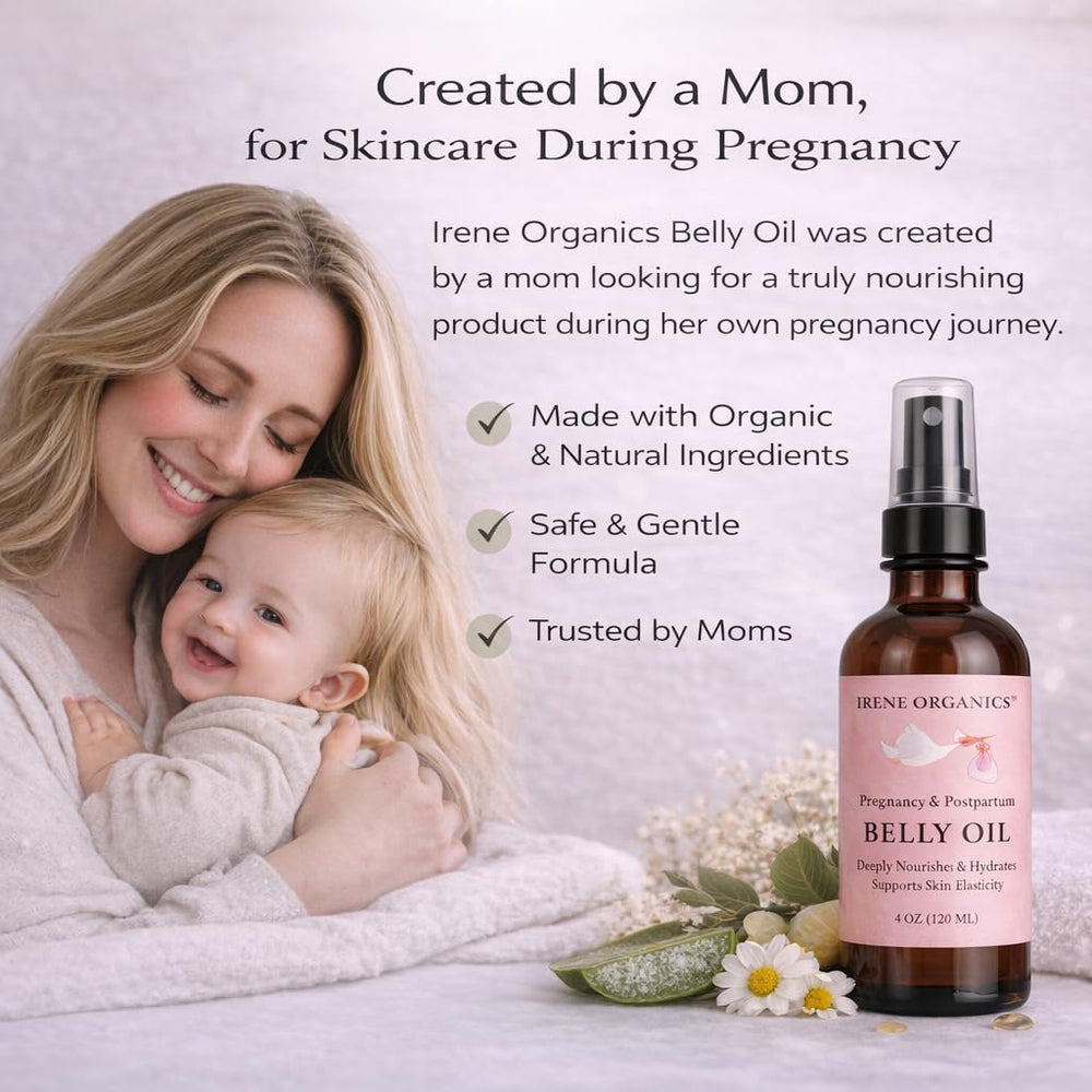 Irene Organics Belly Oil glass bottle packaging emphasizes eco-friendly design.
