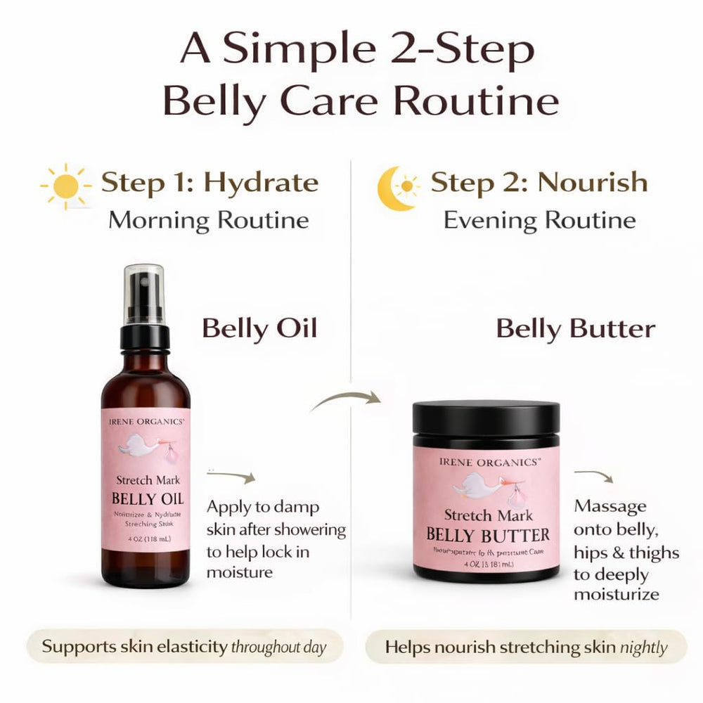 IRENE Organics belly butter application on skin demonstrates gentle massage.