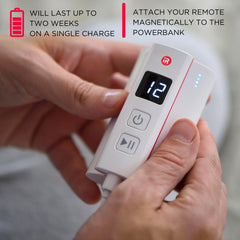 iRestore battery pack's magnetic remote attaches for quick power access.