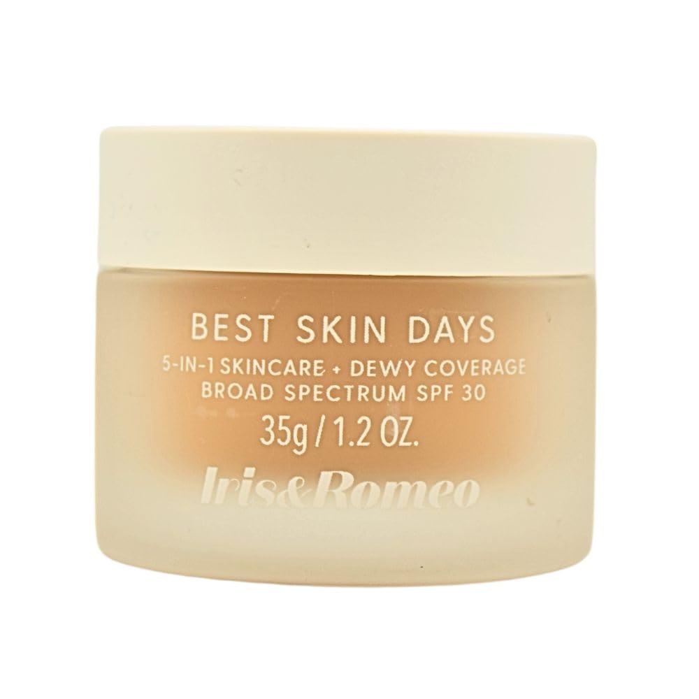 IRIS&ROMEO Best Skin Days SPF 30 bottle shows dewy coverage for olive undertones.