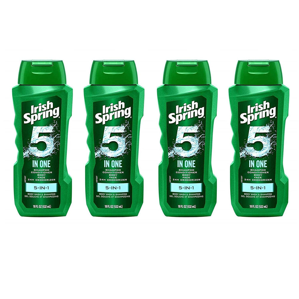 Irish Spring 5-in-1 bottle front highlights an all-in-one grooming solution.