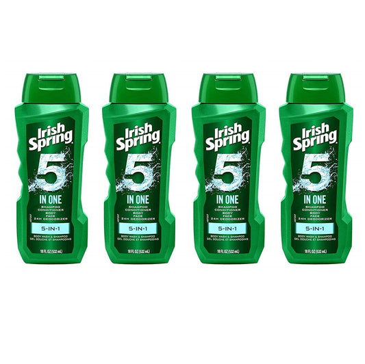 Irish Spring 5-in-1 bottle front highlights an all-in-one grooming solution.