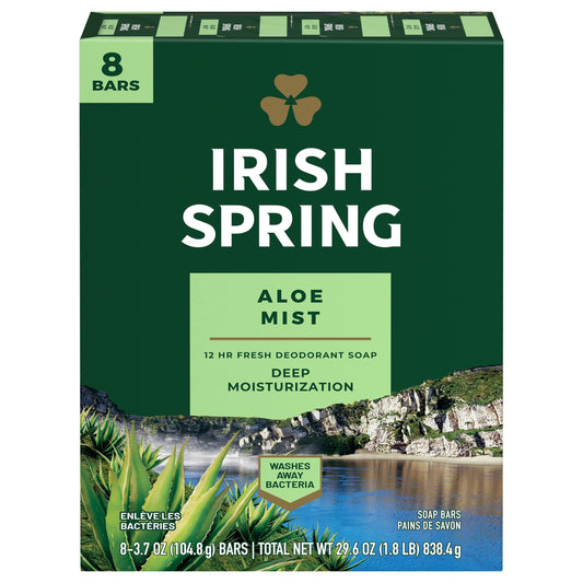 Irish Spring Aloe bar soap pack for daily cleansing with a refreshing scent.