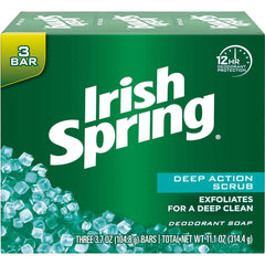 Irish Spring Clean Scrub bar soap front view promotes exfoliation for refreshed skin