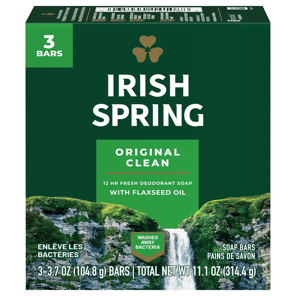 Irish Spring Original deodorant bar soap 3.75 oz with a crisp, refreshing scent.
