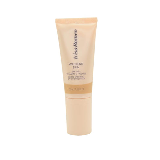 IRIS&ROMEO Weekend Skin SPF 50 bottle pour showing easy, on-the-go application for daily protection.