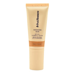 IRIS&ROMEO Weekend Skin SPF 50 bottle with a warm glow finish for daily protection.