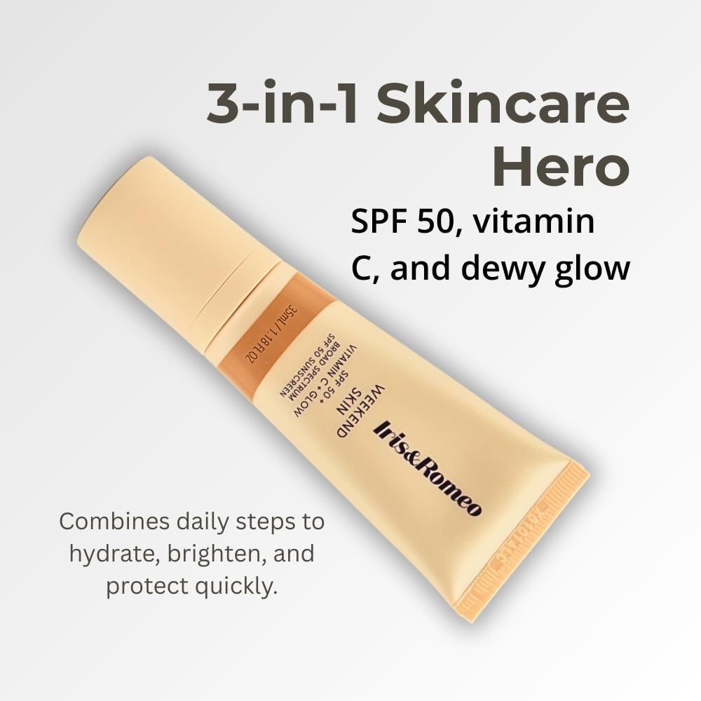 Texture swirl shows the sheer golden tint for a luminous finish on IRIS&ROMEO Weekend Skin SPF 50.