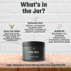 Iron Bull Tallow bottle label highlights hyaluronic acid for hydration.