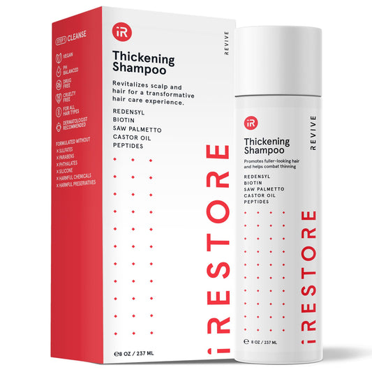 iRestore bottle close-up highlighting biotin formula for nourishing hair