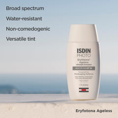 ISDIN Eryfotona Ageless tinted sunscreen applied under makeup for balanced skin tone.