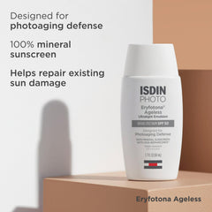 ISDIN Eryfotona Ageless cream texture highlighting peptide complex and DNA Repairsomes.