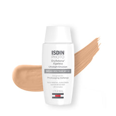 ISDIN Eryfotona Ageless tinted sunscreen packaging shows a travel-size tube for on-the-go protection.