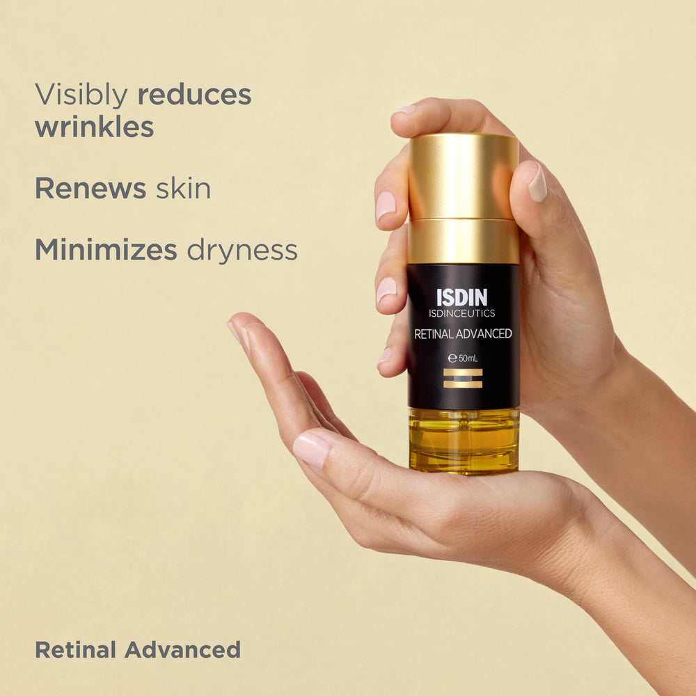 ISDIN Isdinceutics Retinal Advanced bottle in a nighttime routine setup.