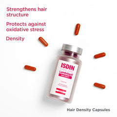 ISDIN Lambdapil bottle with glass illustrating easy daily routine for hair vitality