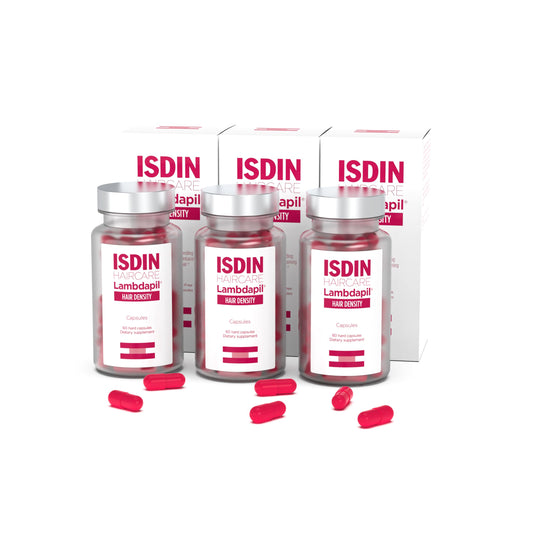 ISDIN Lambdapil capsules bottle front showing daily hair density support