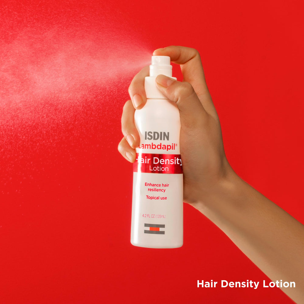 ISDIN Lambdapil bottle pour showing easy application for thinning hair