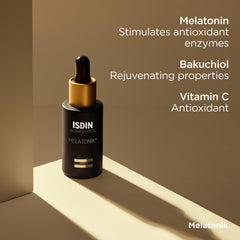 ISDIN Melatonik bottle resting on a nightstand for a simple evening routine.