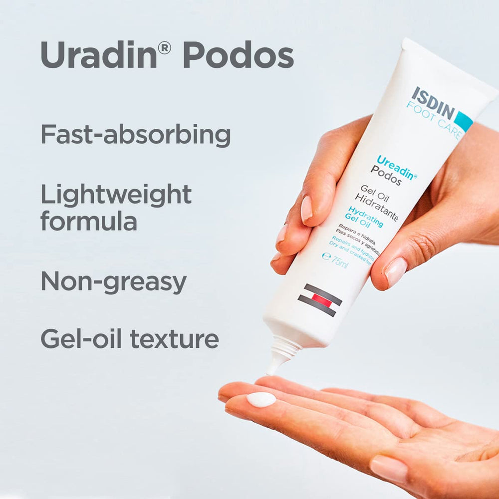 ISDIN Uradin Podos Gel Oil being applied to soles for smoother skin.