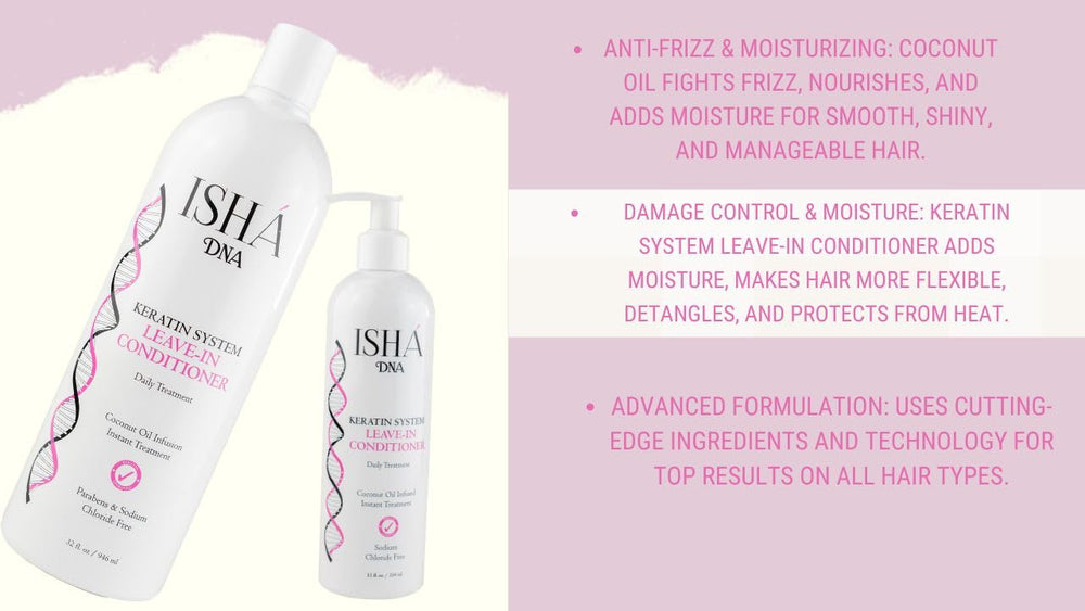 ISHA DNA Keratin Leave-In Conditioner label closeup highlighting coconut and argan oil