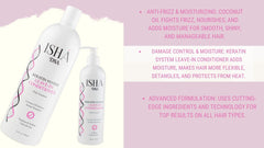 ISHA DNA Keratin Leave-In Conditioner label closeup highlighting coconut and argan oil