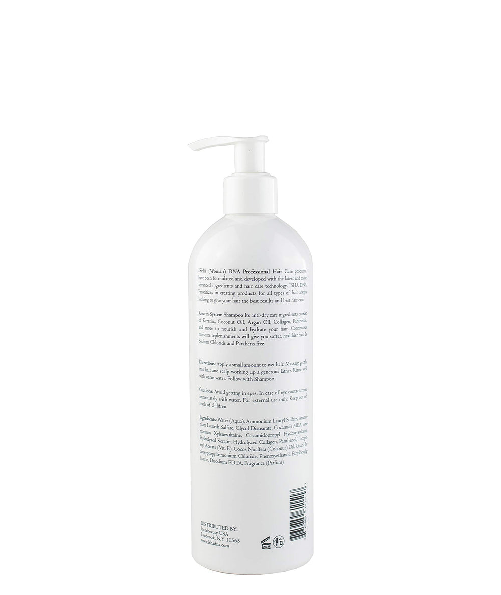 Close-up of ISHA DNA Keratin System Shampoo label highlighting gentle formulation