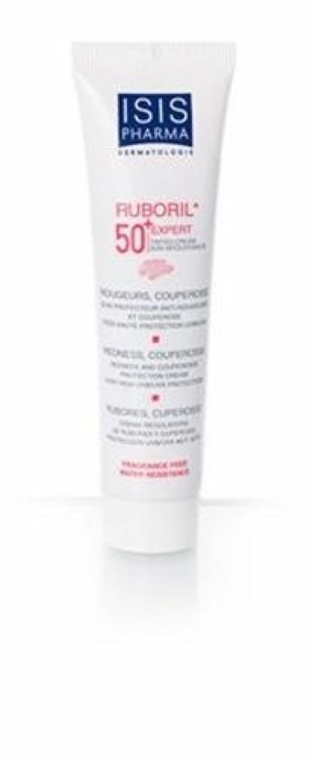 IsisPharma Ruboril Expert SPF 50 bottle shows lightweight protective anti redness coverage