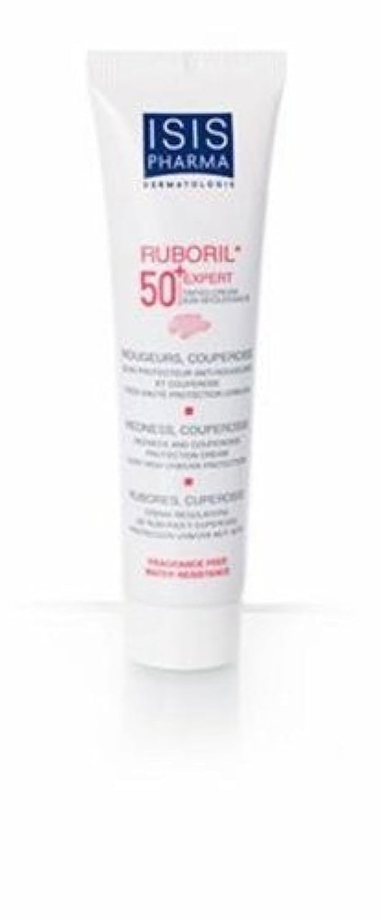 IsisPharma Ruboril Expert SPF 50 bottle shows lightweight protective anti redness coverage