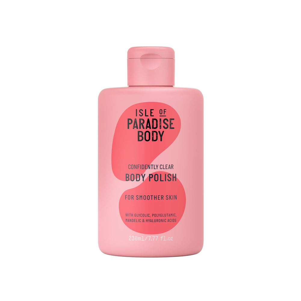 Isle of Paradise Confidently Clear Body Polish bottle pour for smooth, hydrated skin.