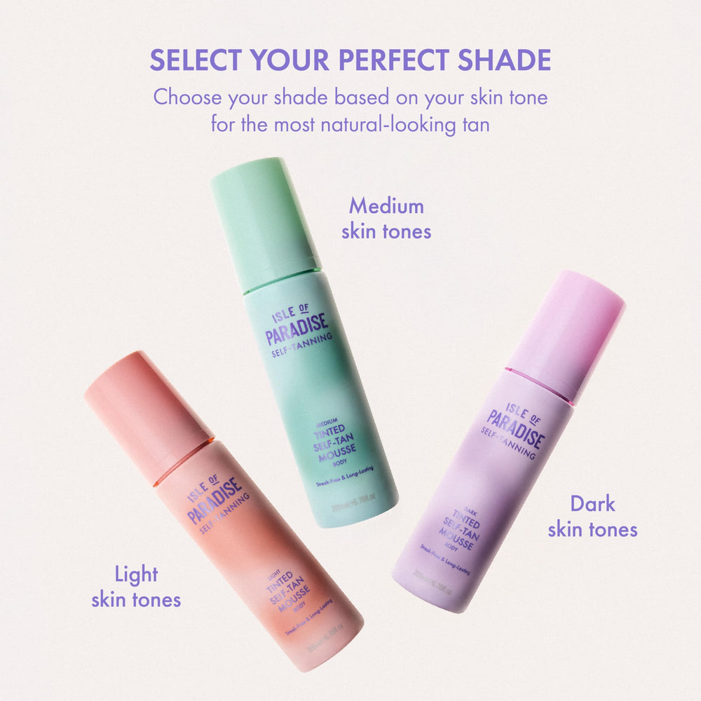 Isle of Paradise tinted self tanning mousse deep bronze shade for natural glow.