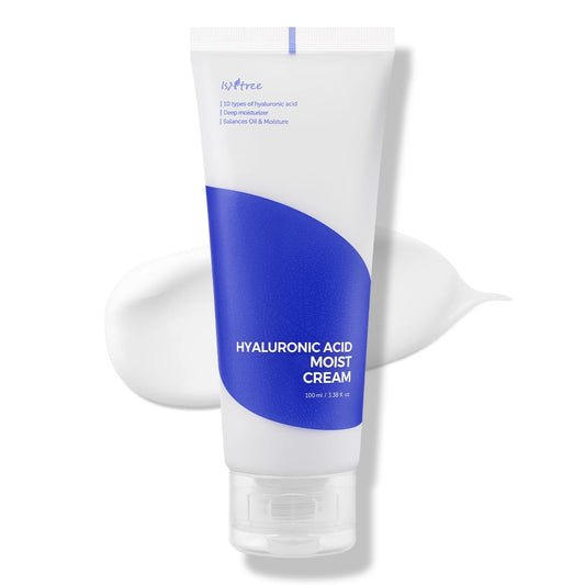ISNTREE Hyaluronic Acid Moist Cream bottle-front delivers lightweight hydration for dry skin.